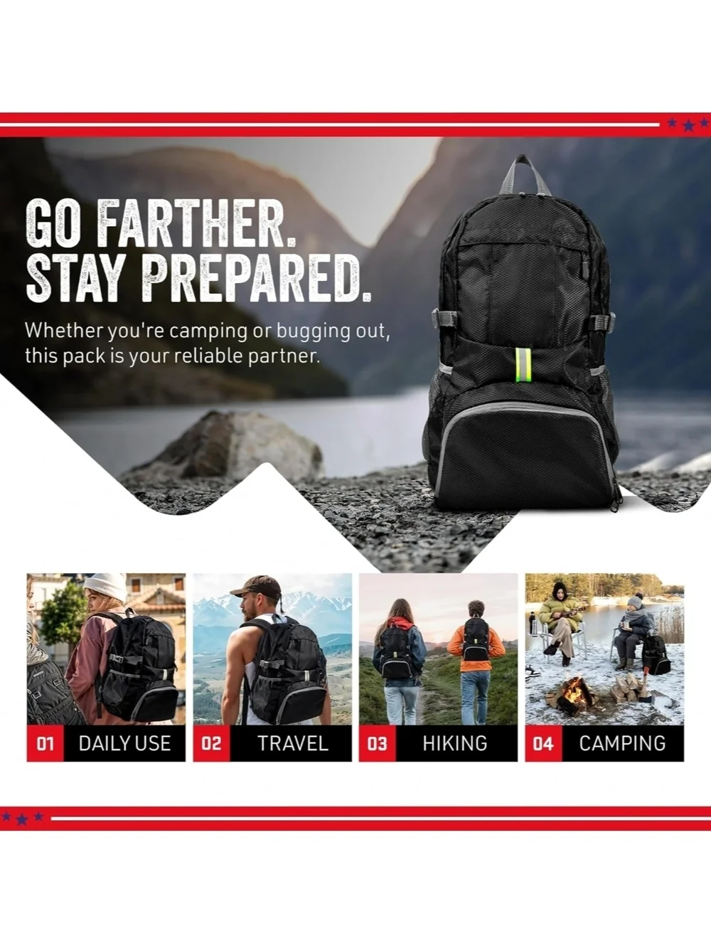 Men's Black Travel Backpack with Reflective Stripe